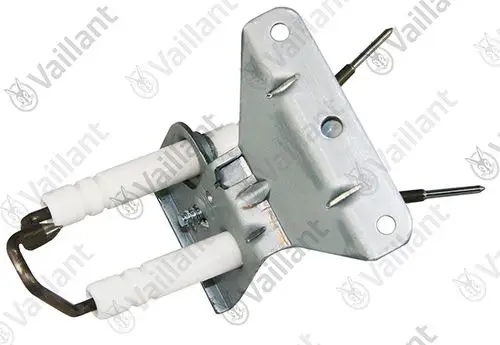 Vaillant Elektrode mit zwei Anschlussrohren, einer Metallplatte und Kontaktstiften, geeignet für den Einsatz in Heizsystemen.